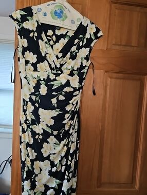 Lauren Ralph Lauren Black Floral Wrap-Style Midi Dress with Yellow Blossoms